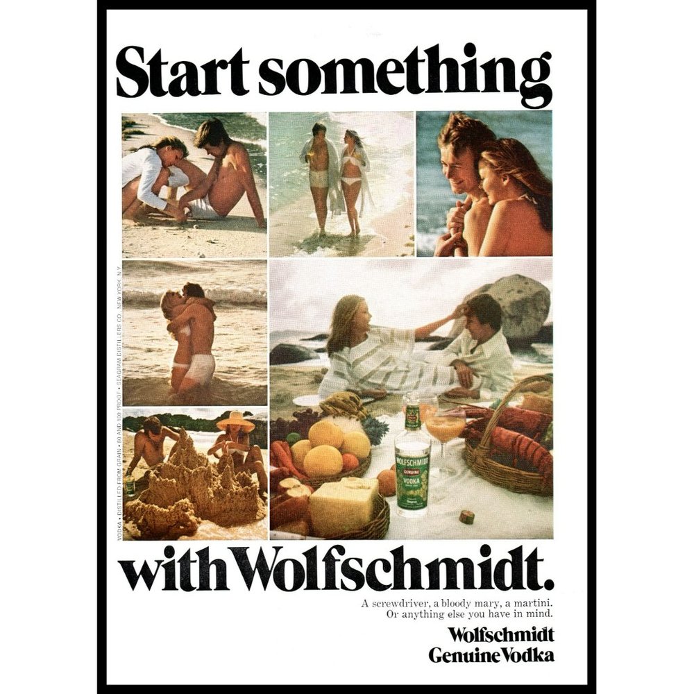 1974 Wolfschmidt Vodka Vintage Print Ad Bikini Beach Lobster Sandcastle Wall Art
